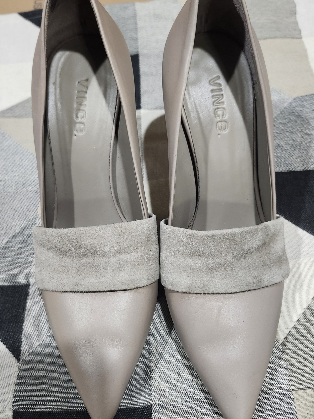 Vince Taupe Leather Pointed-Toe Pumps with Suede Band